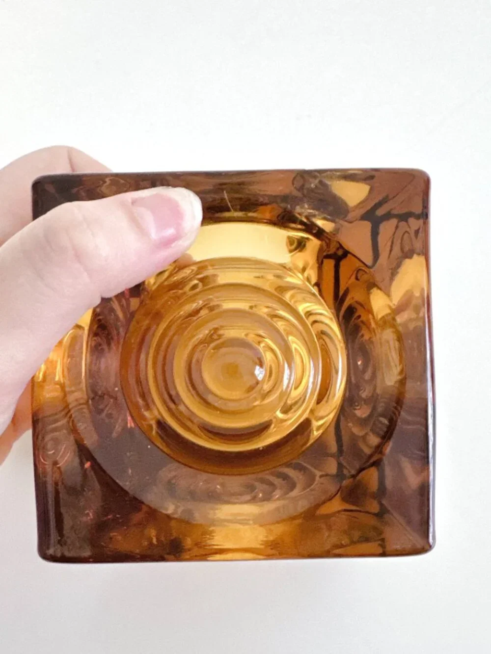 VIKING AMBER GLASS BULLSEYE GLIMMER CUBE CANDLE HOLDER PAPERWEIGHT VINTAGE MCM